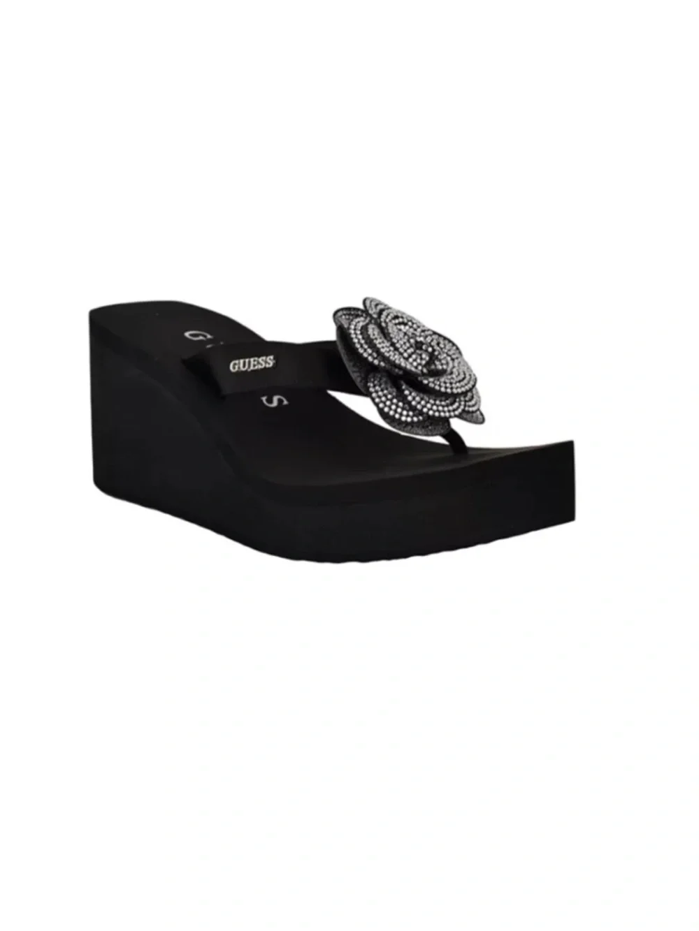 GUESS Black Wedge Sandal with Crystal Flower Accent
